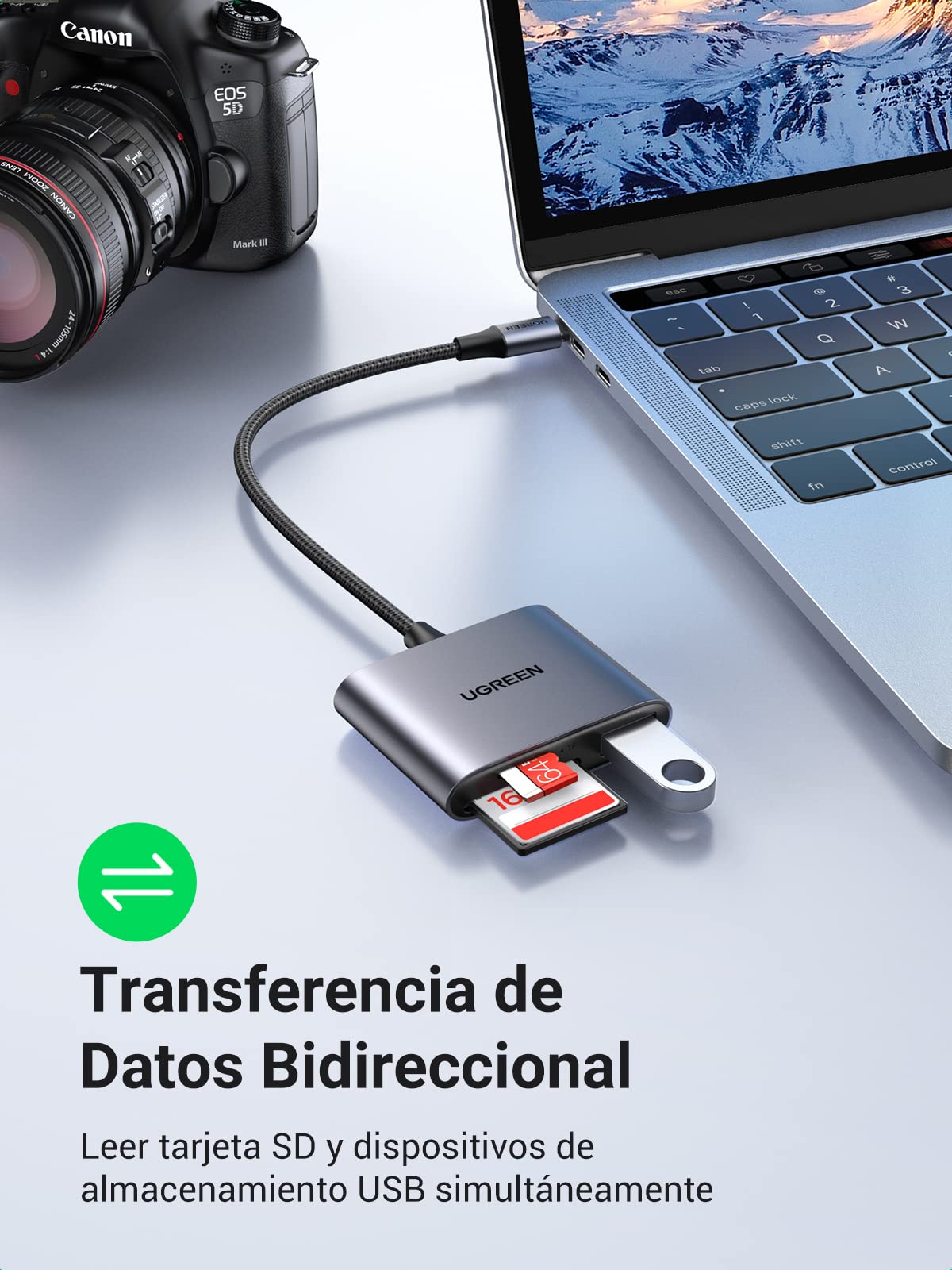 Lector de Tarjetas USB C 3.0 UGREEN Gris con Hub USB 2.0 para MacBook y Samsung Galaxy