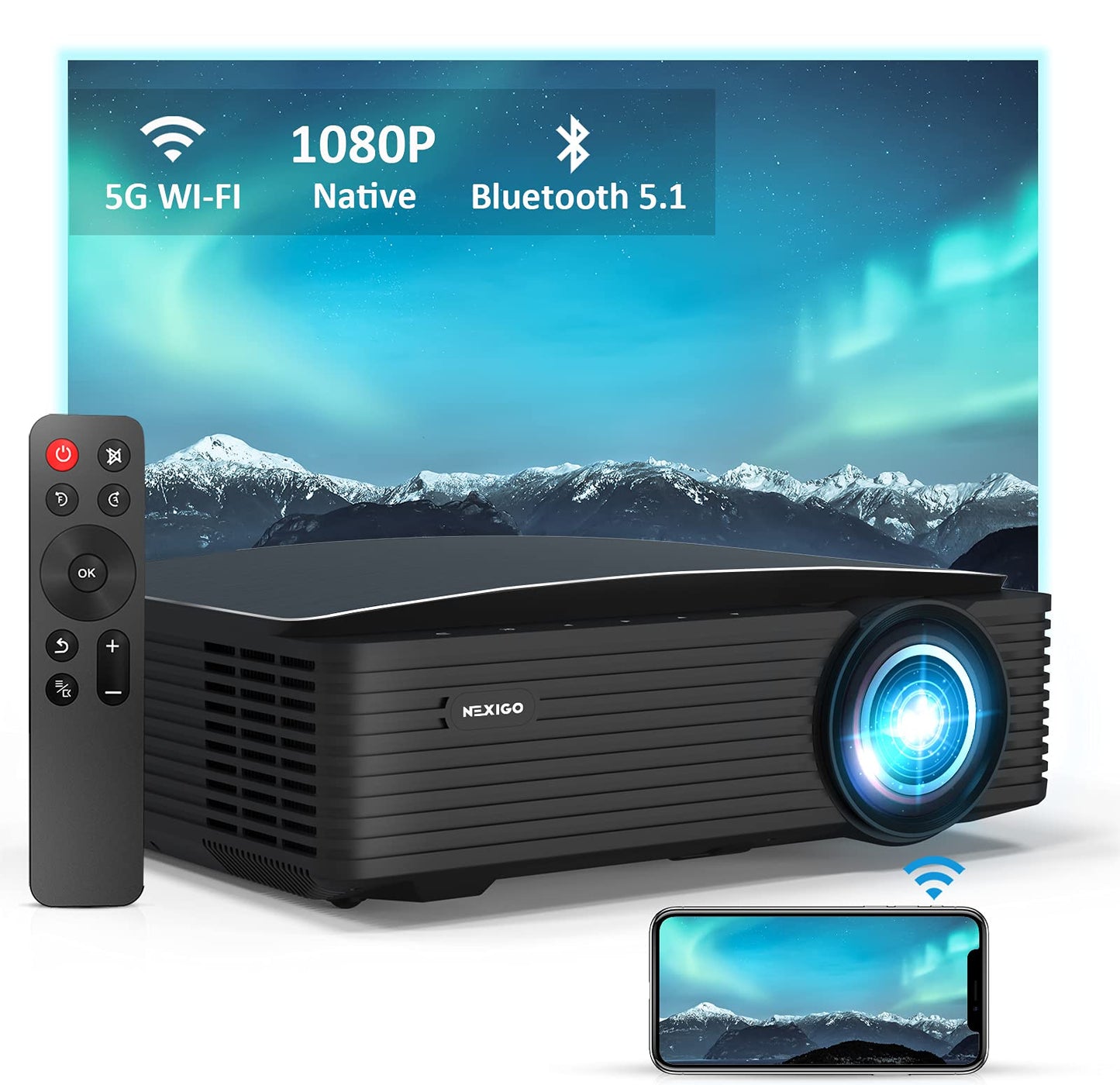 NexiGo Native 1080P Proyector PJ20, [350ANSI - Más de 9500 Lux Brillo], Wi-Fi 5G, proyector de películas, Bluetooth 5.1, compatible con TV Stick, iPhone, Android, portátil, consola (Reacondicionado)