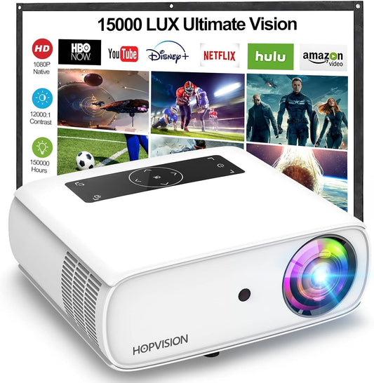 HOPVISION Proyector Native 1080P Full HD, película de 15,000 Lux con 150,000 Horas de Vida LED, 4K & 350 Pulgadas Compatible, para SmartPhone/PC/Laptop/PS4/TV Stick/Excel/PPT