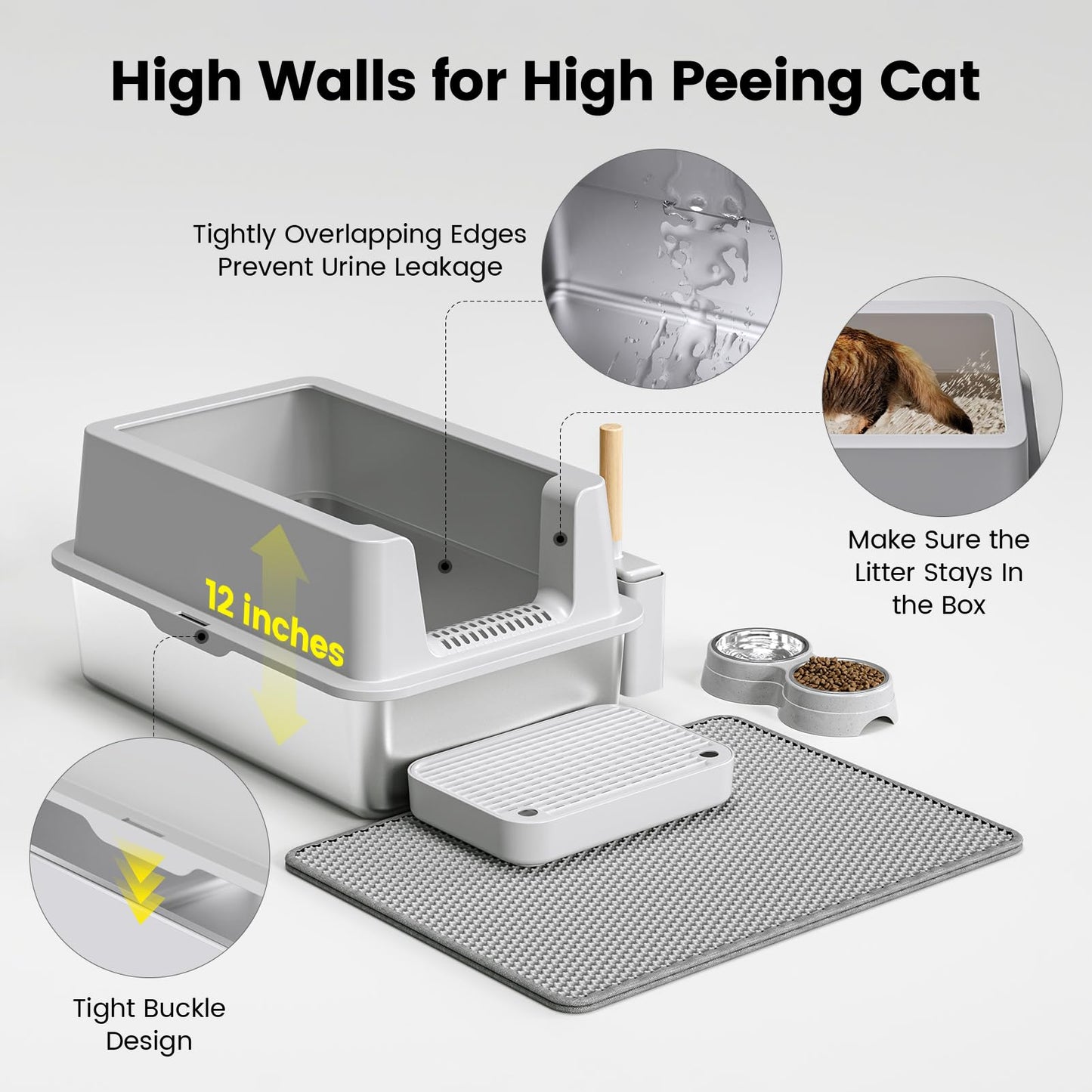 Caja de arena de acero inoxidable para gatos – Caja de arena cerrada con tapa XL extragrande de metal para gatos grandes, caja de arena de gatito de alta cara antifugas, fácil limpieza, antiadherente,