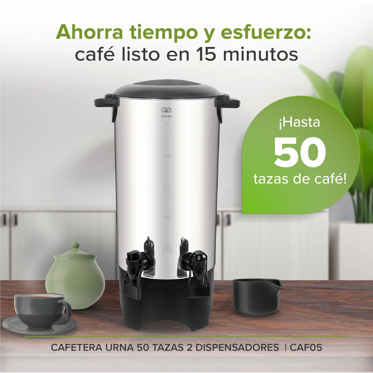 AVERA Cafetera urna de acero inoxidable 50 tazas con 2 dispensadores CAF05