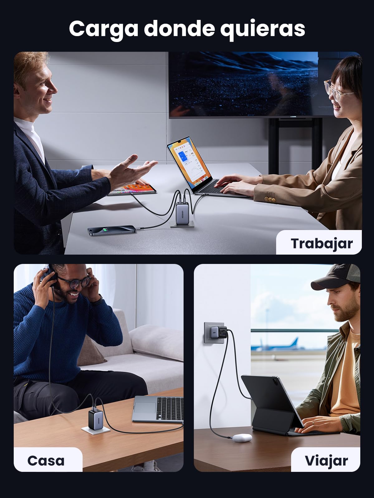 Cargador UGREEN Nexode X5 65W Negro con 4 Puertos USB C y A para Carga Rápida