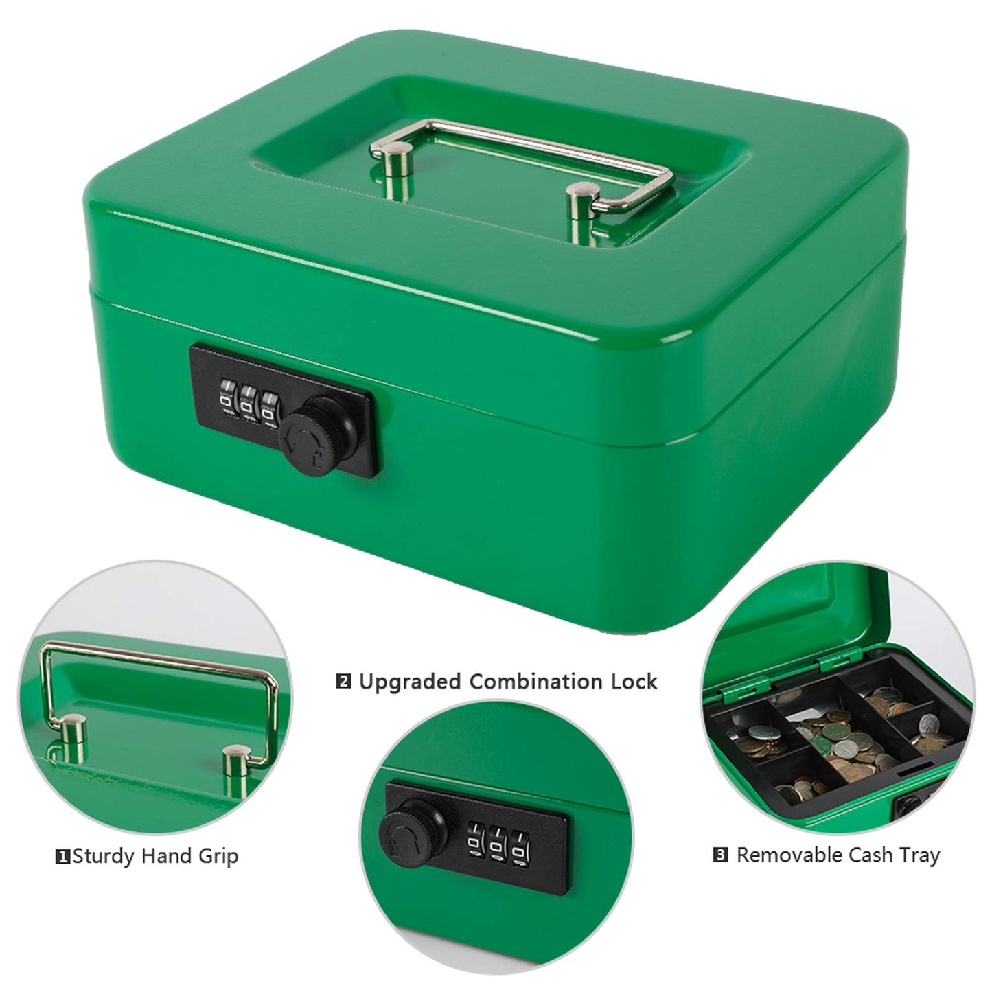 Caja fuerte Xydled de acero con cerradura de combinación, caja fuerte con bandeja extraíble para monedas y cerradura de llave, 20 x 16 x 9 cm.