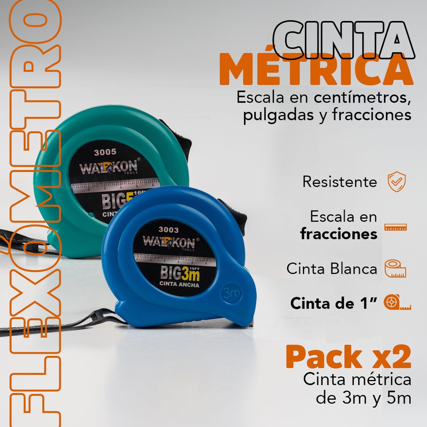 Cinta Métrica WALKON Blanca 3m y 5m con Escala en Centímetros, Pulgadas y Fracciones Ergonómica