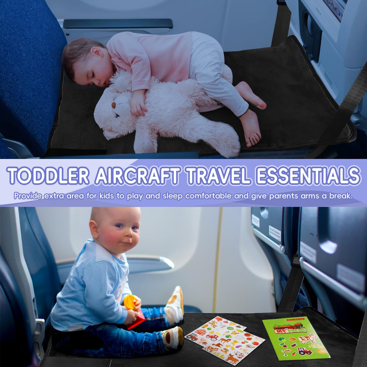 GoCozy - Cama de avión para niños, artículos esenciales de viaje para niños, artículos esenciales de viaje para avión con libro de pegatinas, color negro