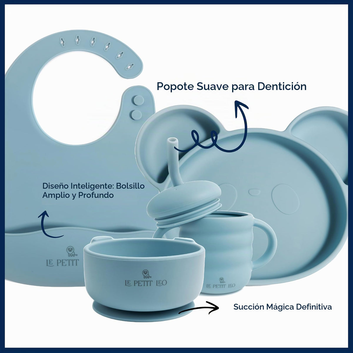 Le Petit Leo - Juego de alimentación de silicona para bebé, suministros completos para destete con baberos de silicona, placas de ventosa, ventosa, taza para beber, cuchara y tenedor, utensilios para niños pequeños (cielo del bebé)