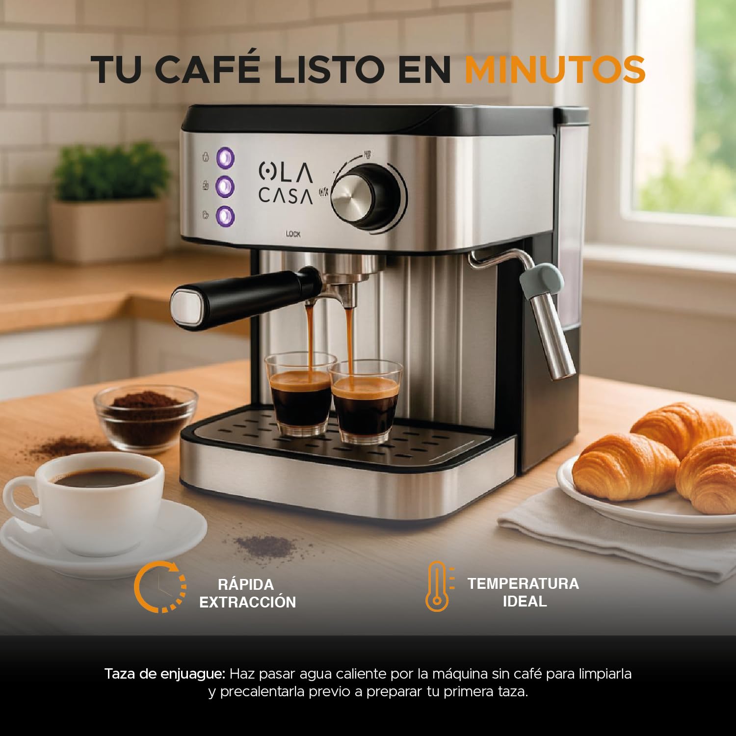 Máquina de Café Espresso OC OLA CASA Acero Inoxidable con Espumador y Placa Calentadora