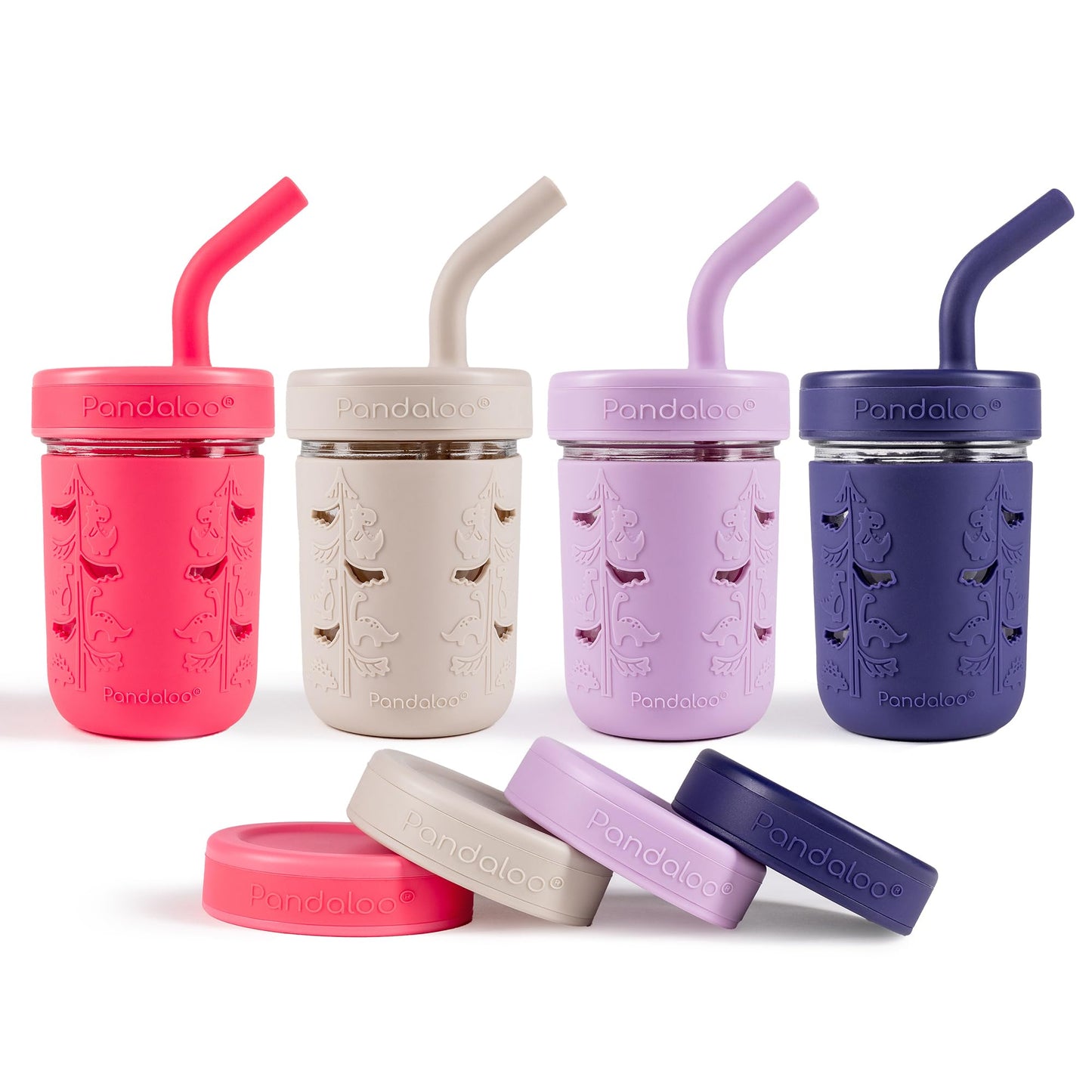 Pandaloo® Vaso de Vidrio Mason Jar - A prueba de Derrames, 8 Onzas, con Popote y Tapa de Silicona, Manga Antideslizante, Tazas de Aperitivos Sin BPA, Perfecto para Batidos con Tapas y Pajitas