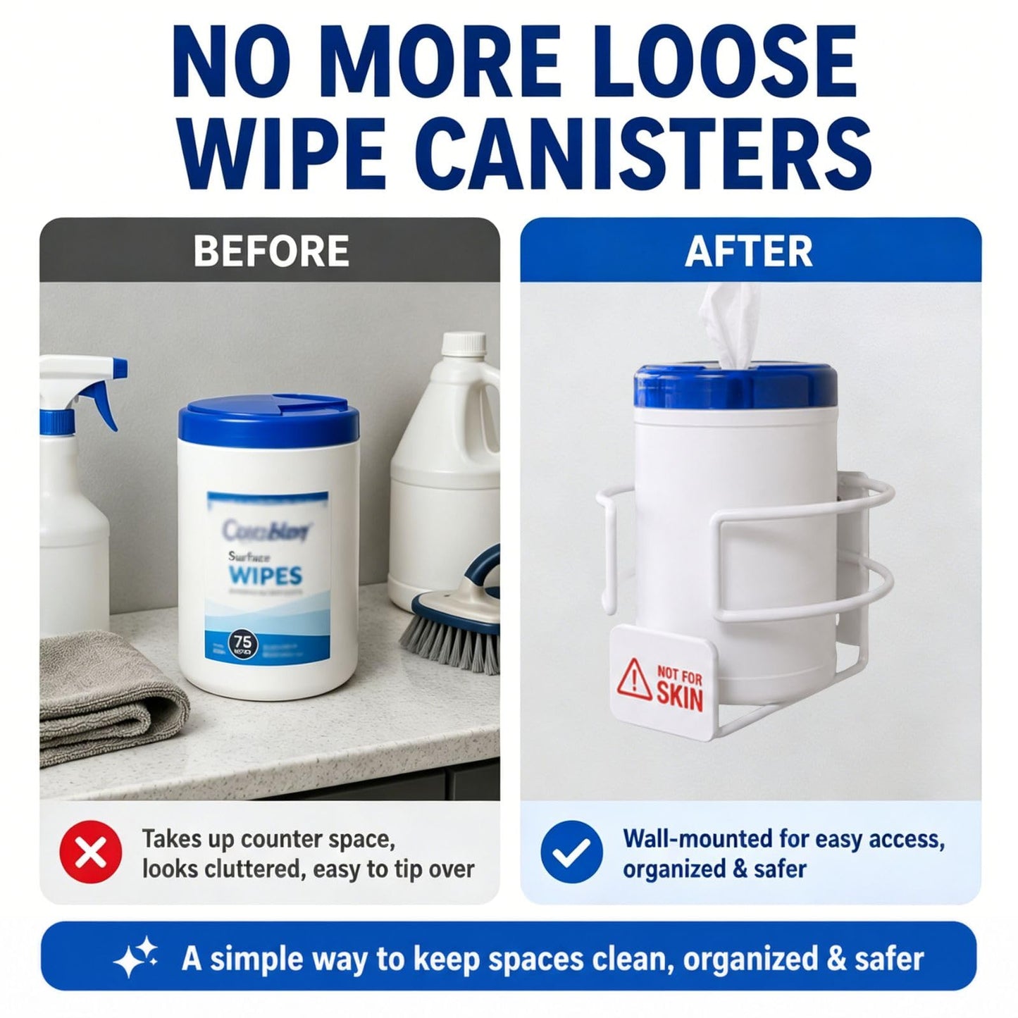 Soporte para toallitas desinfectantes de montaje en pared para recipientes Clorox y Lysol, soporte de bote de limpieza de metal con etiqueta de advertencia de piel, se adapta a hasta 5.2 pulgadas