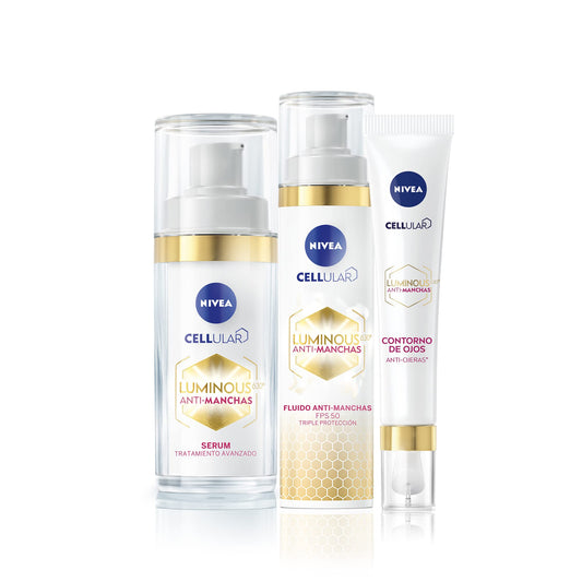 Kit Anti-manchas Rutina Facial de Día Nivea Luminous 630 Serum facial, 30 ml + Contorno de Ojos con Cafeína, 15 ml + Fluido facial con Vitamina E 40 ml Enriquecido con Ácido Hialurónico