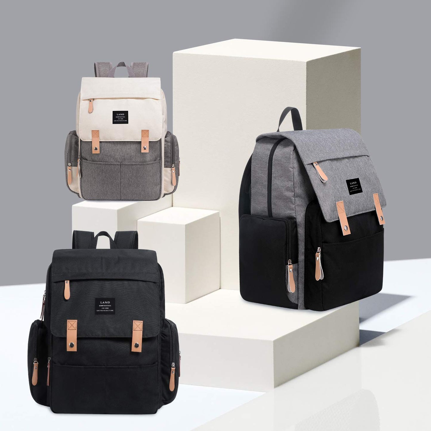Alexia Land Mochila para Pañales de Gran Capacidad, Diseño Abierto y Tela Impermeable, Unisex, Gris Nuevo Blanco