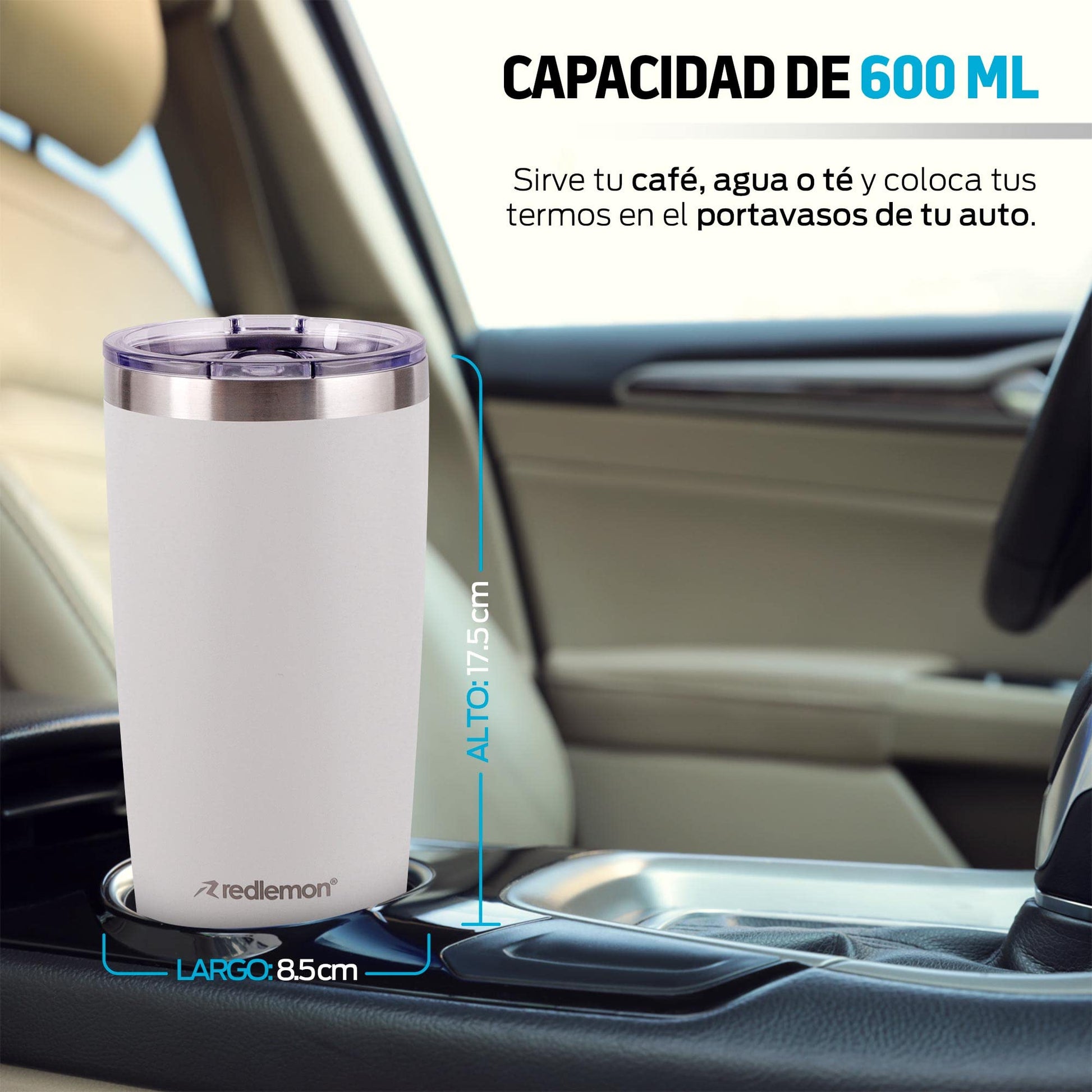 Vaso Térmico Redlemon Acero Inoxidable Doble Pared 600 ml con Tapa Hermética y Popotes