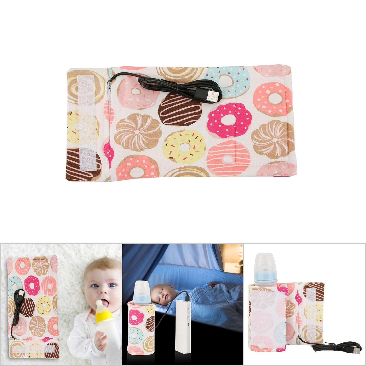 Funda para Biberón que Mantiene el Calor, Bolsas para Biberones Portátiles, USB para Mantener el Calor de la Leche, Calentador Multifunción para Taza de café, té, Bebida, Bolsa de (Rosquilla)