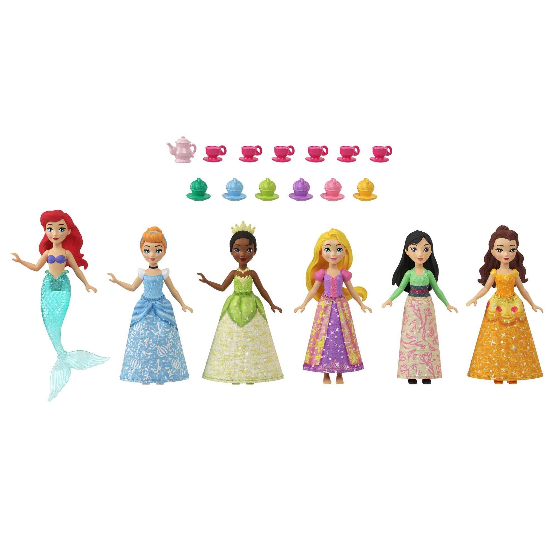 Juego de Fiesta Mattel Disney Princess en Ropa Brillante con 6 Muñecas y 13 Accesorios para el Té