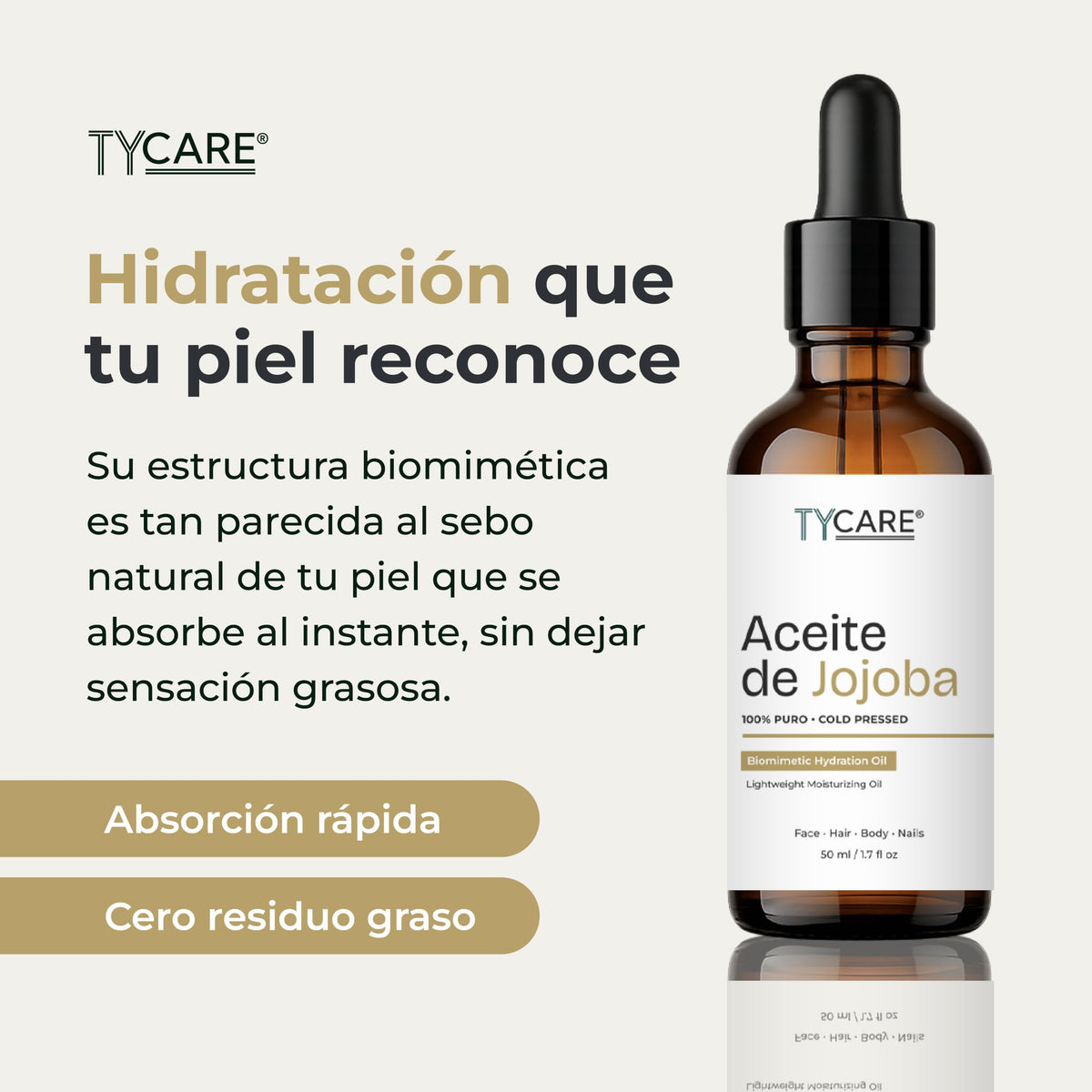TY CARE Aceite de Jojoba 100% Puro 50 ml – Prensado en Frío, Sin Fragancia | Aceite Facial Ligero para Rostro, Cabello, Cuerpo y Uñas | Para Piel Seca, Mixta o Grasa | Wellness + Science