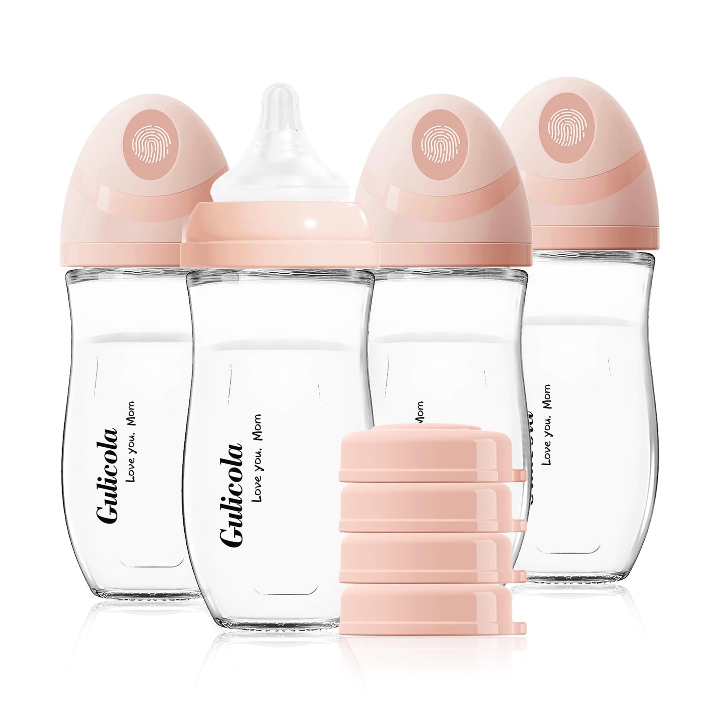 Gulicola - Biberón de vidrio natural de 8 onzas para bebés lactantes, juego de biberones anticólicos con pezón de flujo medio, 3 meses +, paquete de 4 - rosa