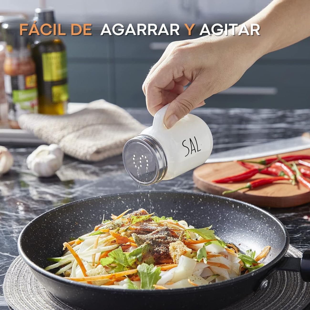 Juego de Salero y Pimentero U Chef blanco y negro Vidrio con Tapas de Acero Inoxidable para Cocina y Bodas
