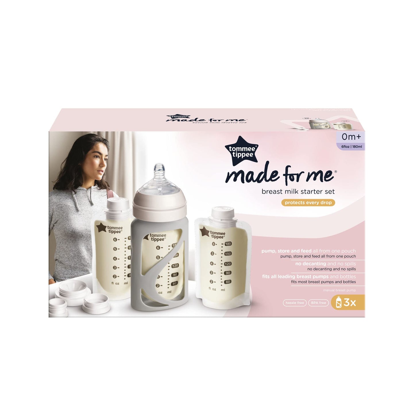 Portabolsas Tommee Tippee Blanco con Tetina de Flujo Lento, Compatible con Bolsas Preesterilizadas, Sin Transferencias de Leche Materna, Sin BPA, 3 Piezas
