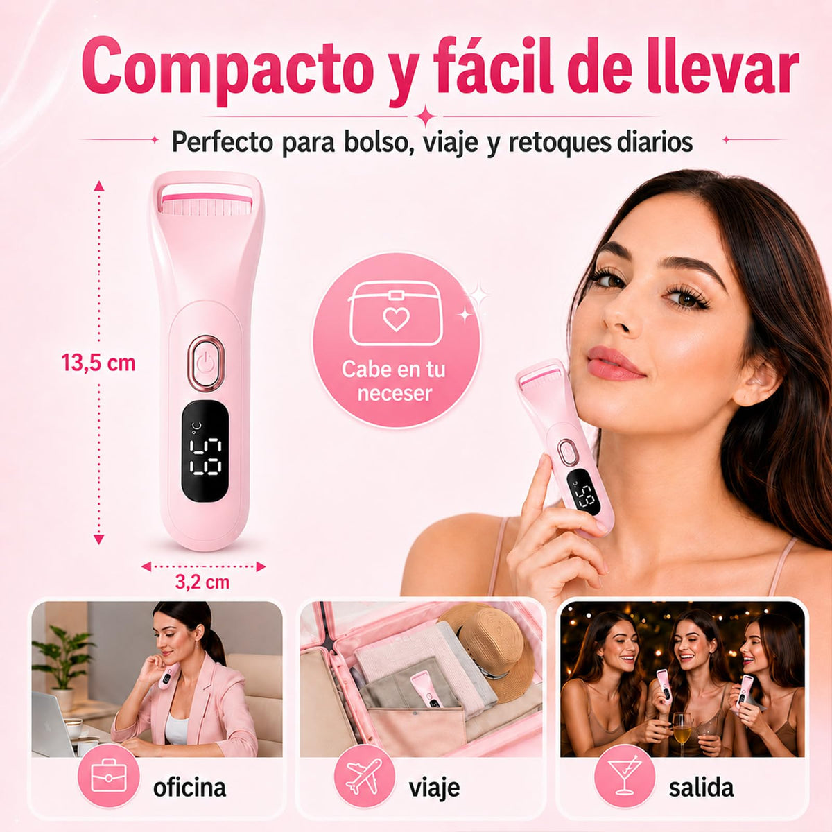 Rizador de pestañas calentado, mini rizador eléctrico de pestañas calentado portátil de tamaño de viaje (Rosa)