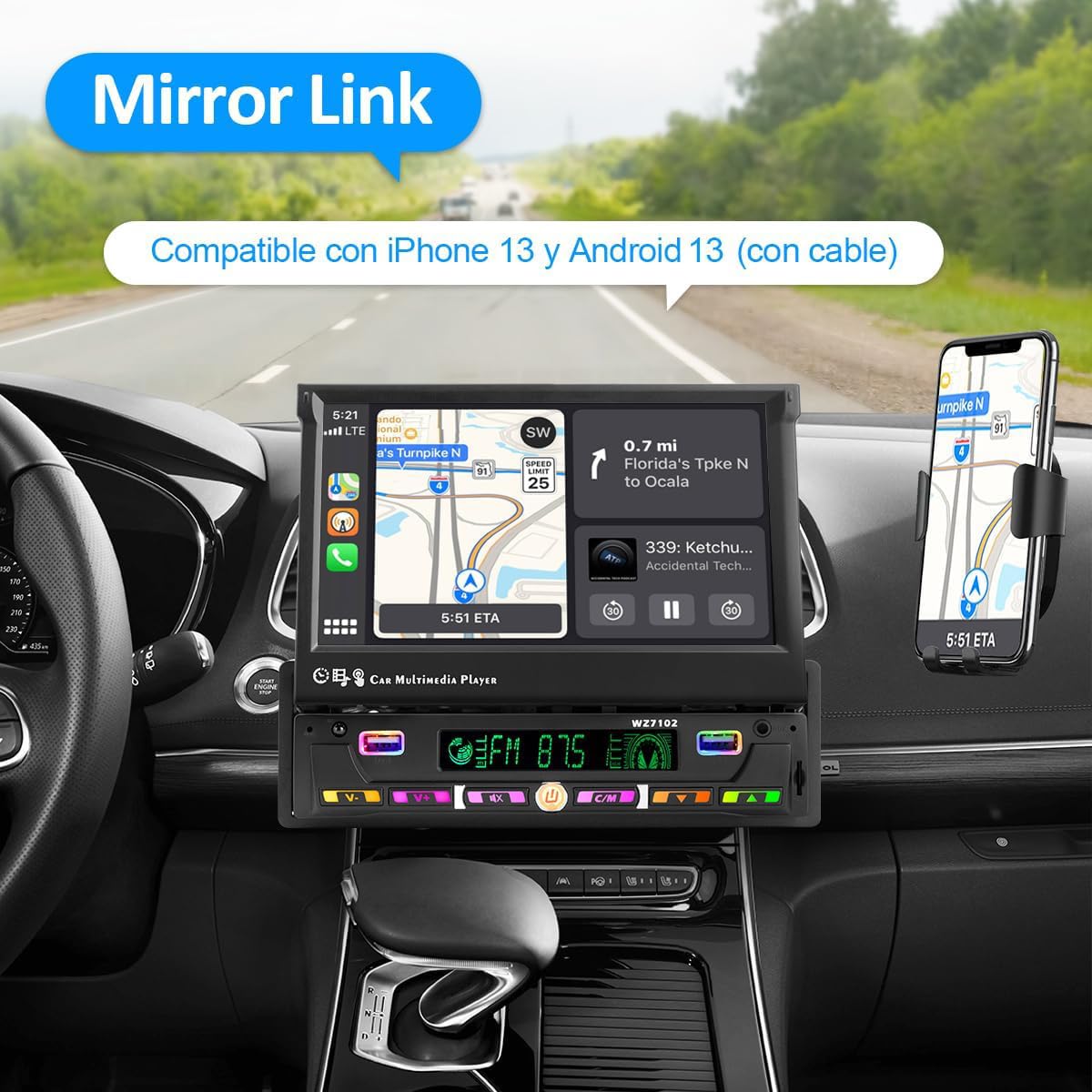 HIMICAR Estereo Retráctil 7 Pulgada con Enlace Espejo Autoestéreo Reproductor MP5, Bluetooth 5.0, Entrada Auxiliar, Radio FM, USB, TF, Cámara de Visión Trasera