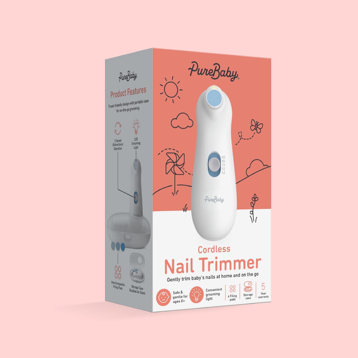 PureBaby® Cortadora de uñas eléctrica – 6 piezas Taladro de uñas inalámbrico, 4 accesorios, 2 velocidades, con archivador oculto y funda de transporte, ideal para recién nacidos y bebés