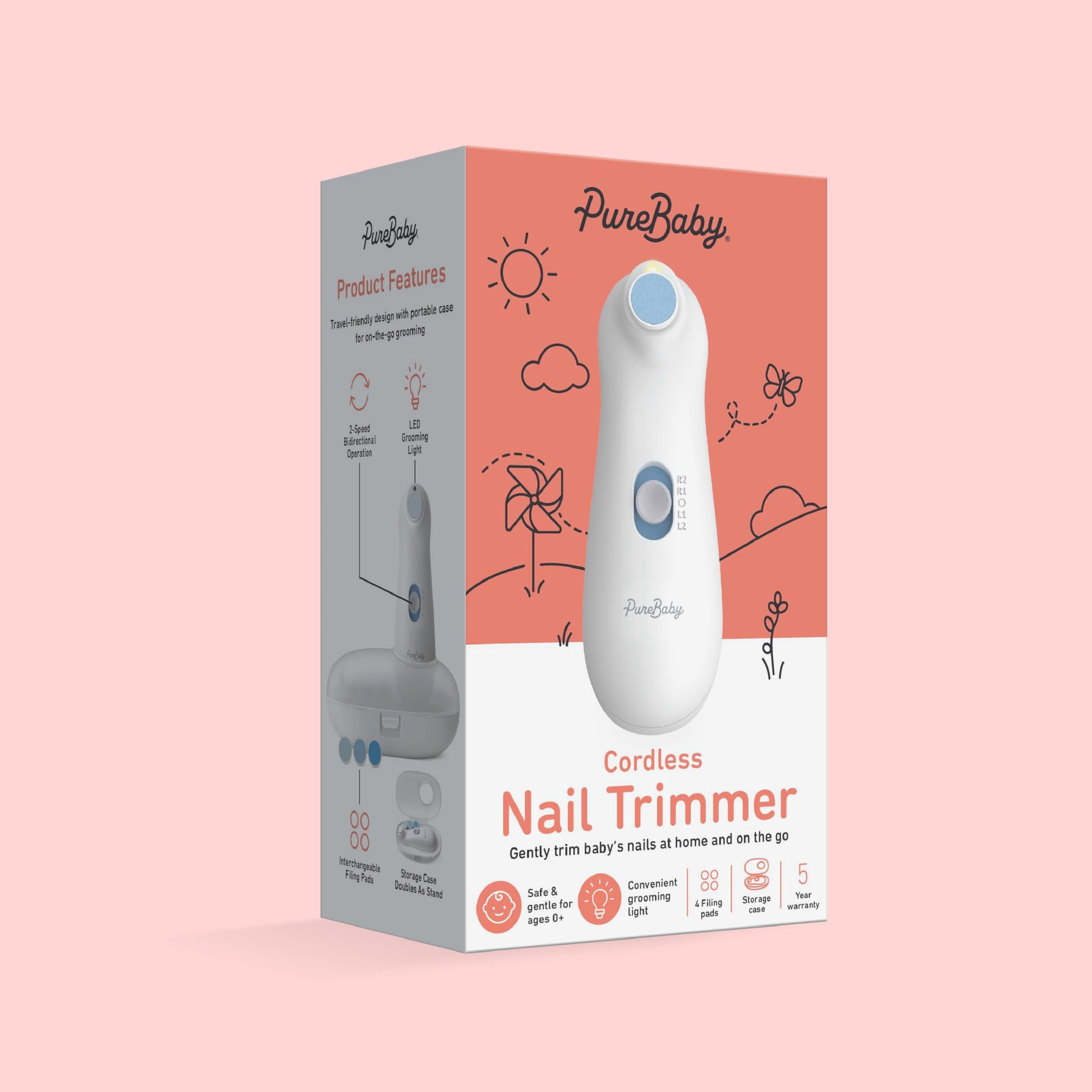 PureBaby® Cortadora de uñas eléctrica – 6 piezas Taladro de uñas inalámbrico, 4 accesorios, 2 velocidades, con archivador oculto y funda de transporte, ideal para recién nacidos y bebés
