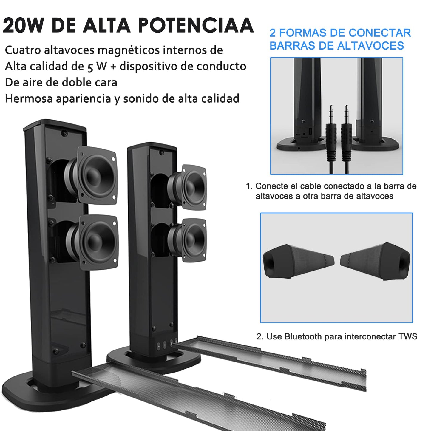 JESUS Barra de Sonido Bluetooth 2 en 1, 4 Desmontable, para TV con Interfaz RCA/AUX 3,5 mm, Compatible con TV, computadora, Tableta, móvil
