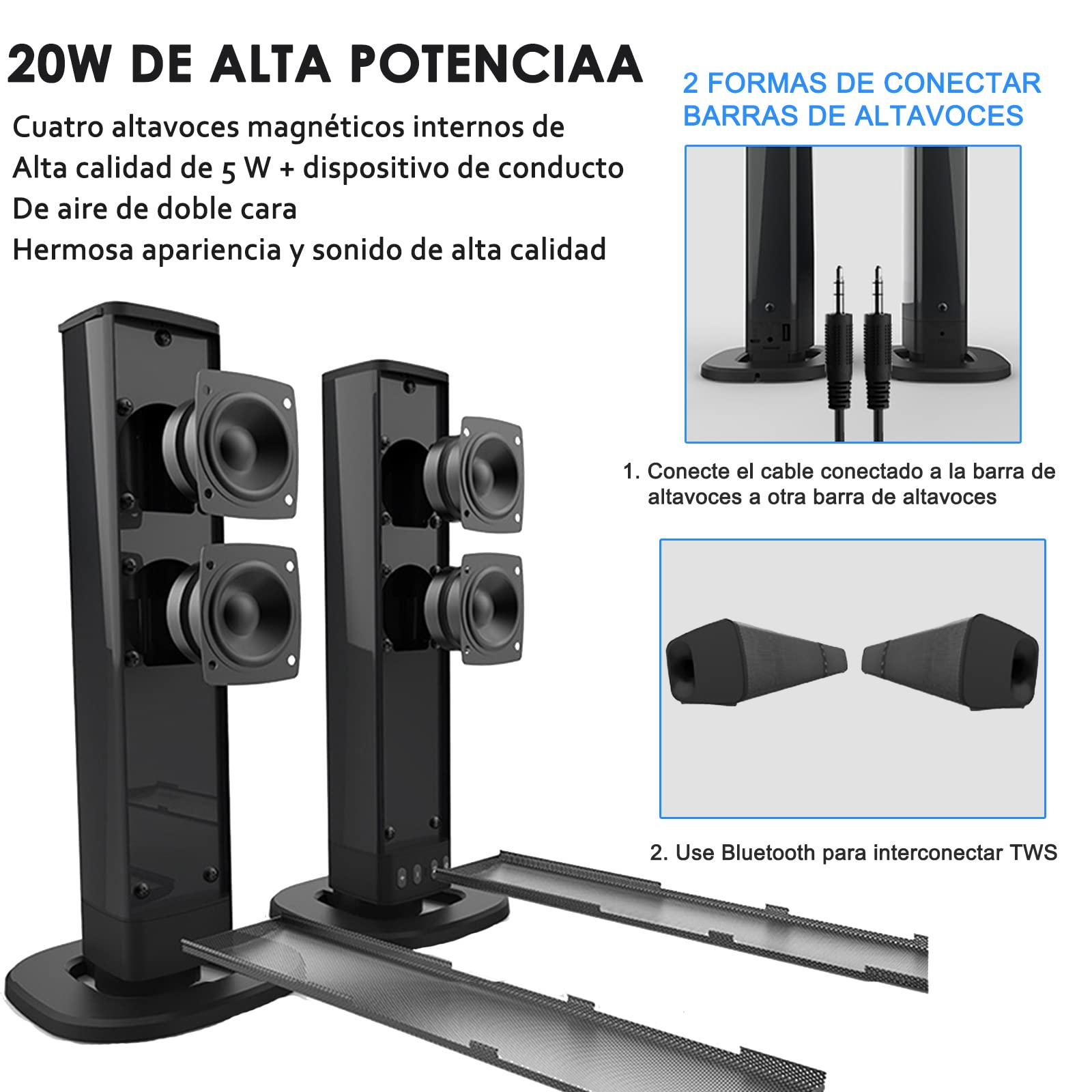 JESUS Barra de Sonido Bluetooth 2 en 1, 4 Desmontable, para TV con Interfaz RCA/AUX 3,5 mm, Compatible con TV, computadora, Tableta, móvil