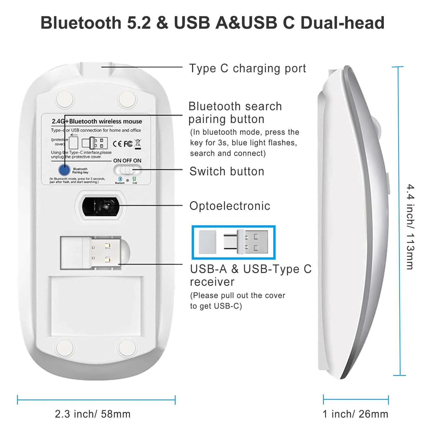 Mouse Inalámbrico Suteke Plata Tipo C Recargable Silencioso Compatible con MacBook Air Pro iPad iMac para Laptop y Surface Pro