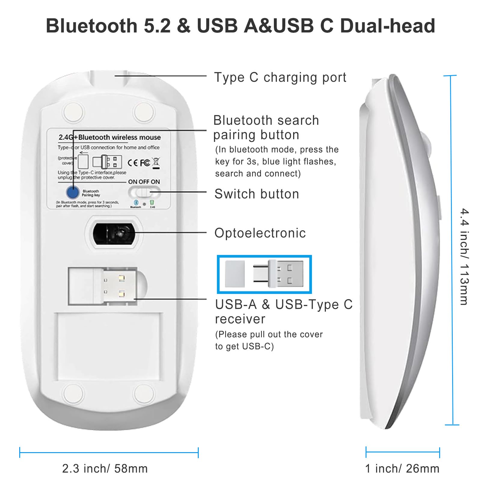 Mouse Inalámbrico Suteke Plata Tipo C Recargable Silencioso Compatible con MacBook Air Pro iPad iMac para Laptop y Surface Pro