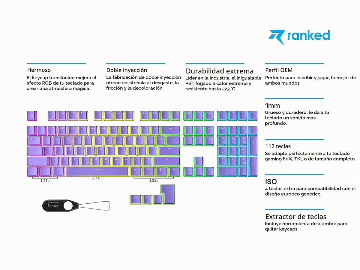Teclas Ranked Pudding PBT Lavanda Diseño Translúcido para Teclado Mecánico RGB ANSI e ISO