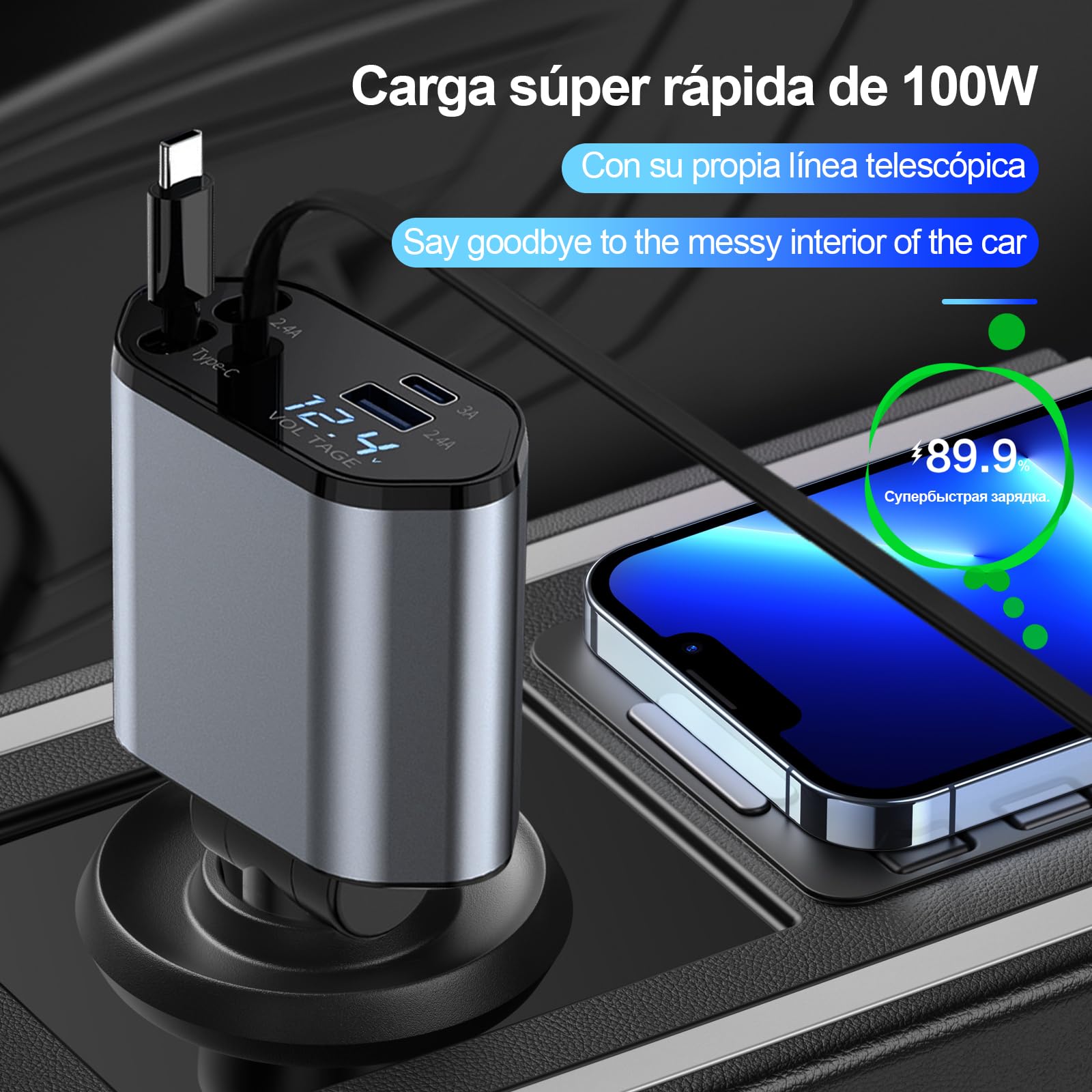 HKEDHD 120W Retráctil Cargador de Coche 4 en 1 Adaptador de Cargador de Coche con Cable Retráctil y Pantalla de Voltaje para Vehículos de 12/24 V, Compatible con Android, iPhone, Samsung,Huawei,Google