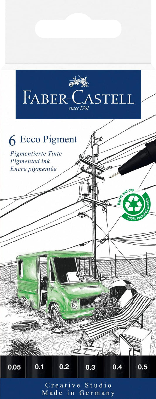 Faber-Castell Marcadores Ecco Pigment con 6 estilógrafos desechables, este set incluye 6 estilógrafos en tinta negra, cada uno con una punta de diferente grosor (0.05, 0.1, 0.2, 0.3, 0.4, 0.5)