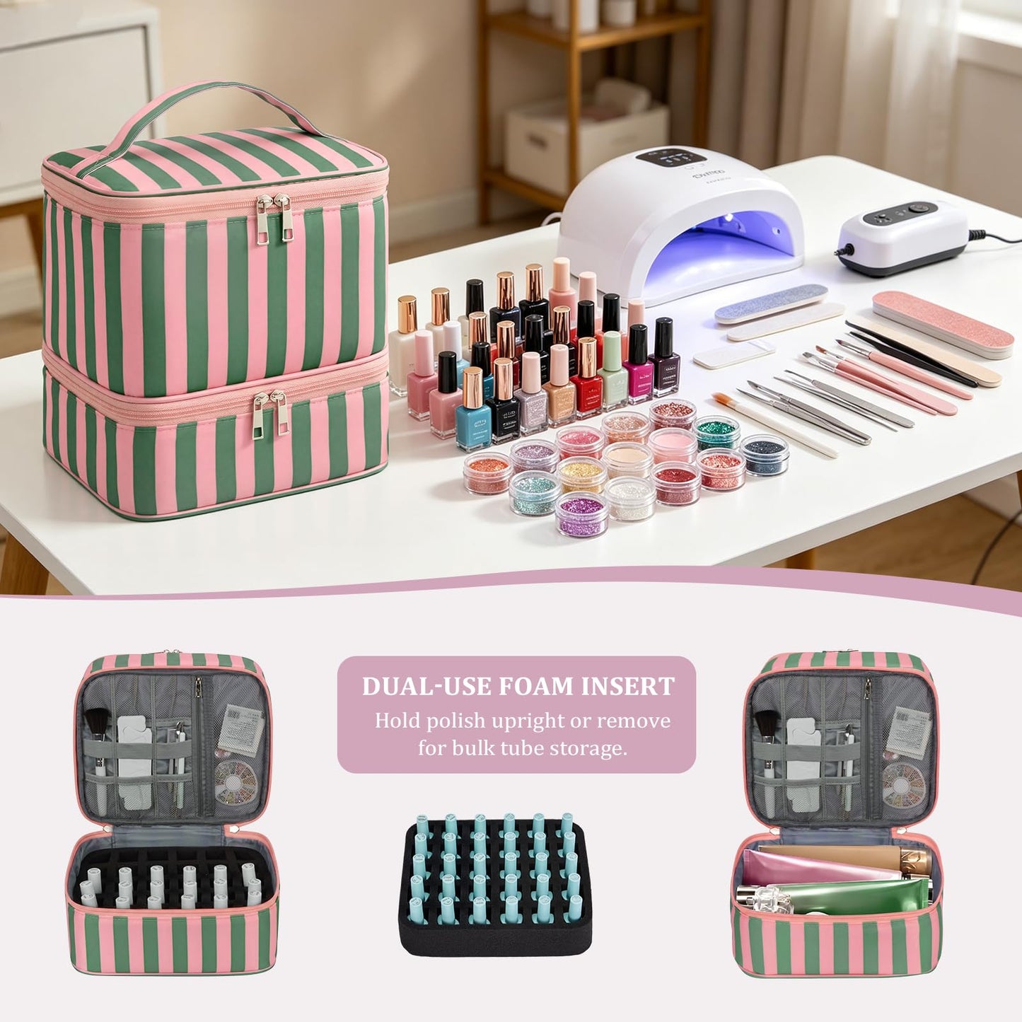 Cohawk - Bolsa organizadora de esmalte de uñas a rayas con capacidad para 30 botellas, 2 capas, estuche de almacenamiento, Verde y Rosa, 9.6 x 9.6 x 7.9 inches, Casual