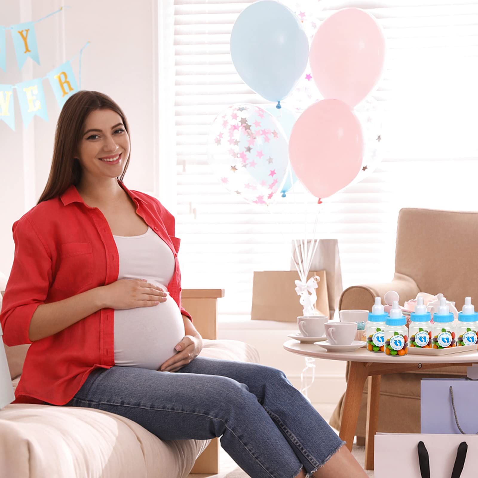 72 piezas de mini botellas de leche para baby shower, color blanco, mini biberones de plástico baratos para baby shower, recuerdos de fiesta, decoración de juegos de fiesta de baby boy shower (azul)
