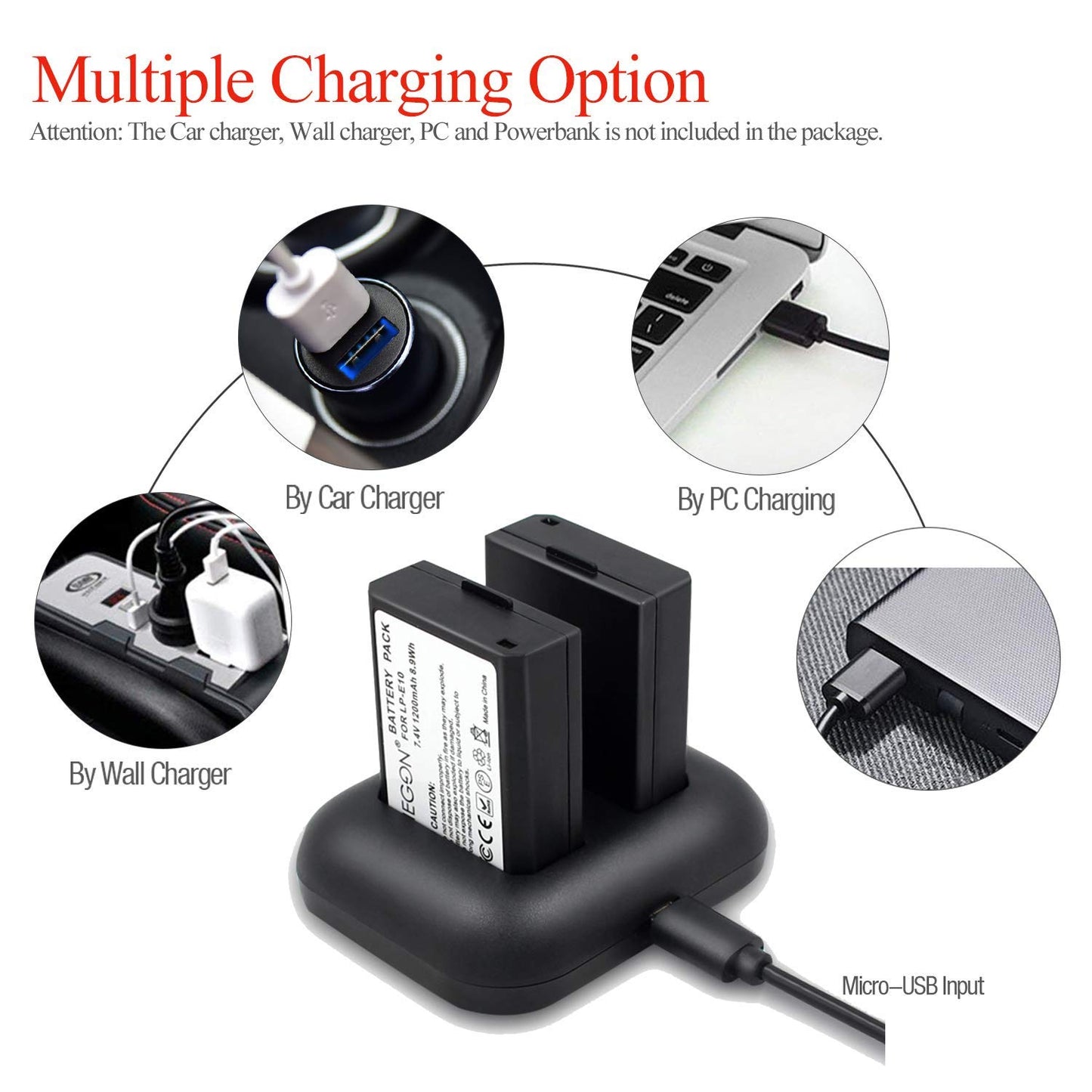 Cargador de Baterías ENEGON Negro USB Dual LED Inteligente para Cámaras Canon EOS Rebel y EOS Serie 1100D-2000D (2 Pack)