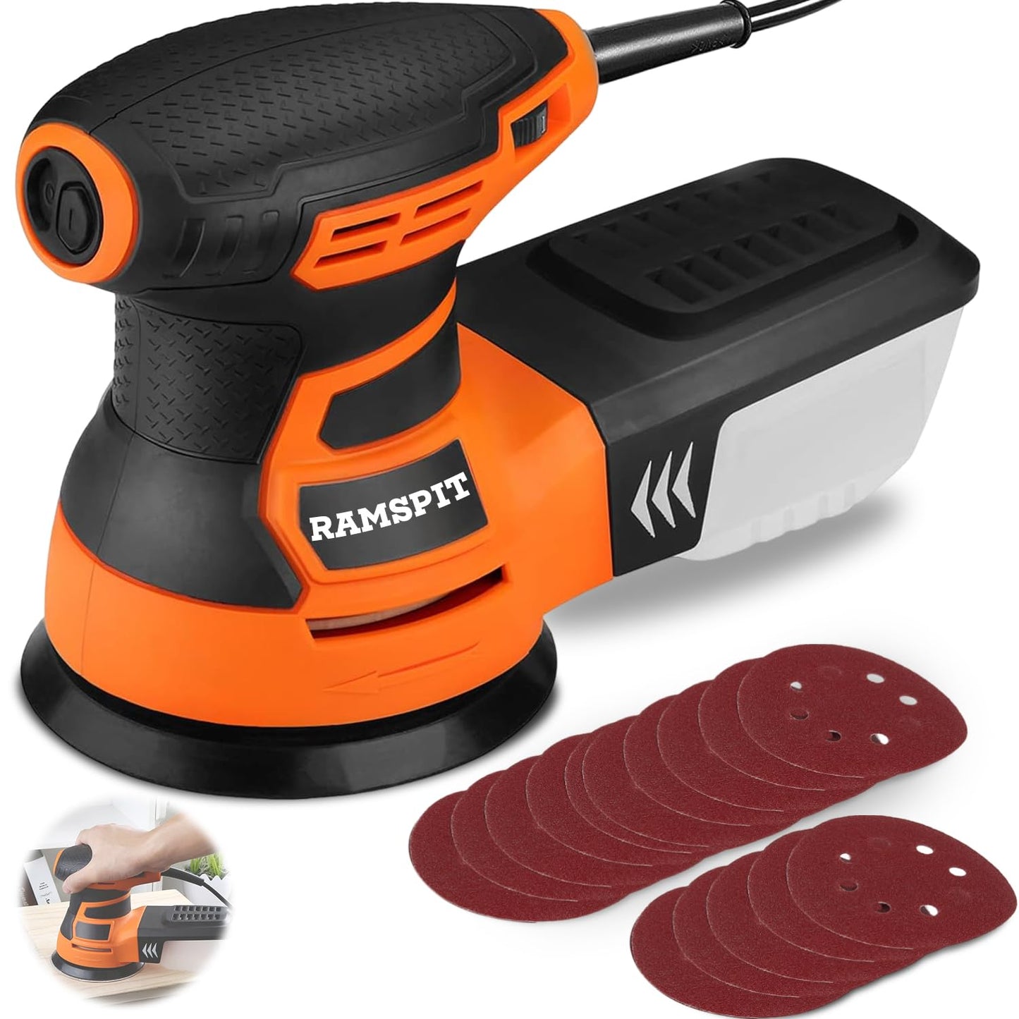 Lijadora Orbital Aleatoria RAMSPIT 2.8A 350W con Caja de Polvo Ciclónica y 15 Hojas de Lijado