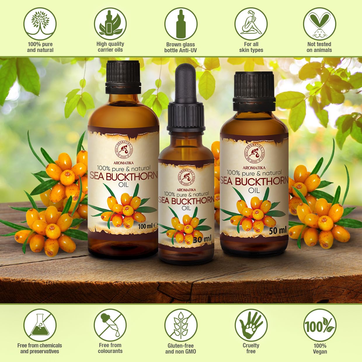 Aceite Orgánico de Espino Amarillo 100ml - Prensado en Frío - Cuidado Intensivo Rostro, Cabello y Piel - Protección UV, Anti-edad - Botella de Cristal - Compra en Línea