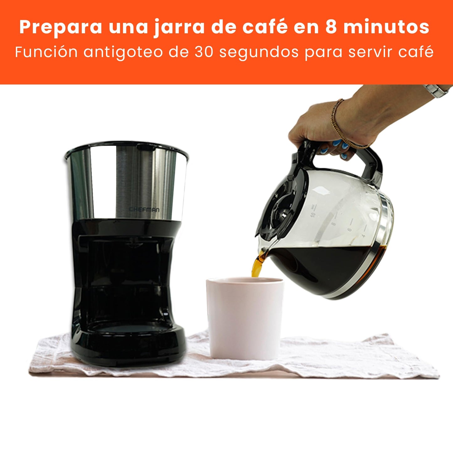 Cafetera Eléctrica Chefman Acero Inoxidable Olla Antigoteo Jarra de Vidrio 1L Filtro Reutilizable