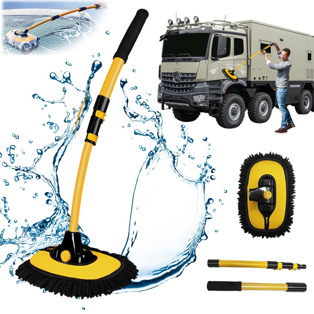 Cepillo para Lavar Carros, Kit de Limpieza para Auto, Kit de Trapeador para Lavado de Autos Con Mango Largo, Barra Telescópica 50-102 cm Con Producto de Limpieza de 3 Etapas (Negro-Amarillo)