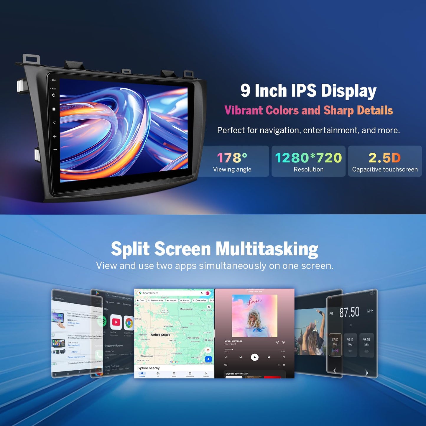 Eonon 4G+64G - Receptor estéreo para coche Android 14 para Mazda 3 2010-2013, unidad inalámbrica CarPlay y Android Auto Headunit, visualización táctil de 9 pulgadas, navegación GPS Bluetooth, AM/FM