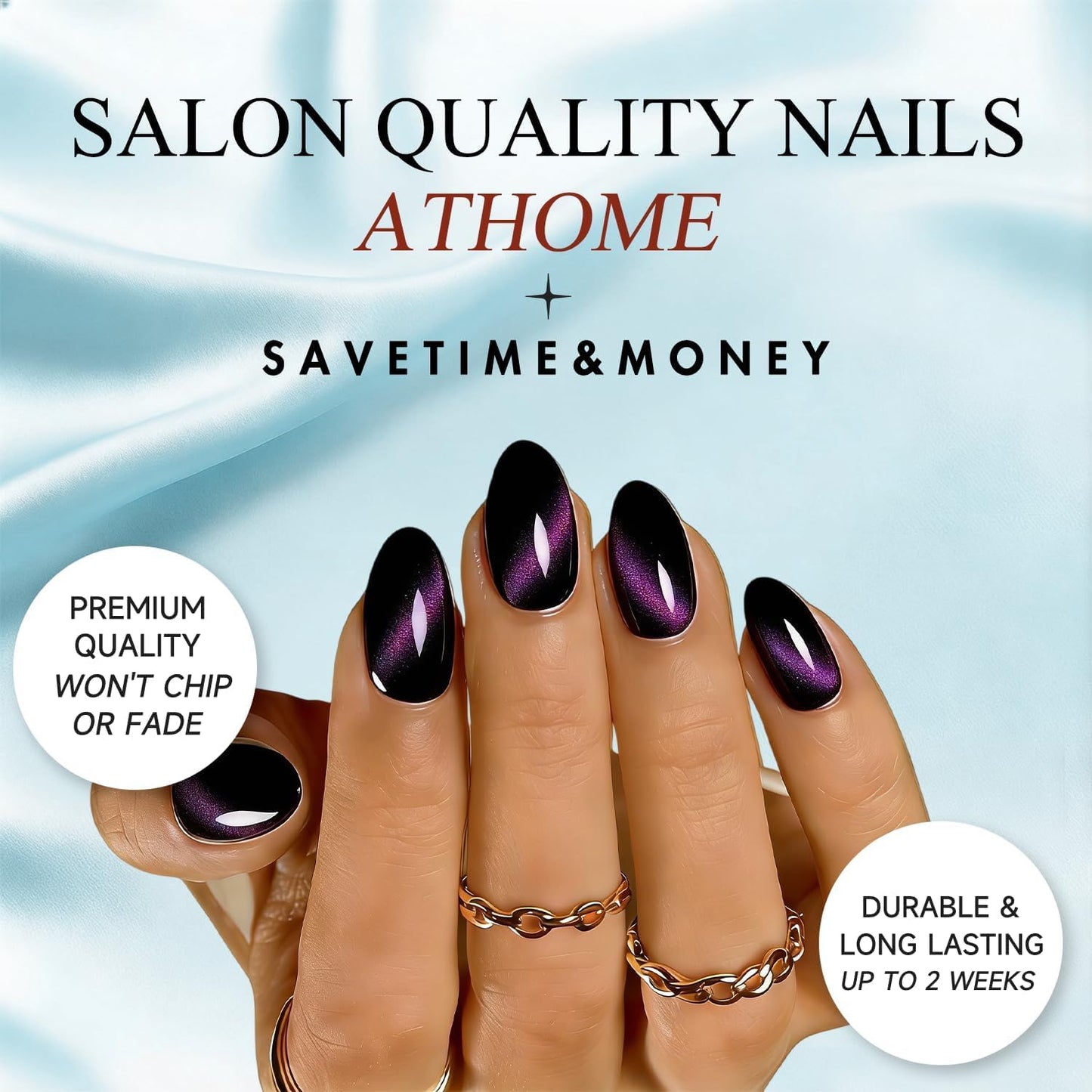 JOYVVEW Uñas postizas cortas con forma de ojo de gato - Uñas postizas ovaladas moradas y negras, uñas postizas almendradas glaseadas con acabado brillante, calidad resistente, reutilizables, brillante