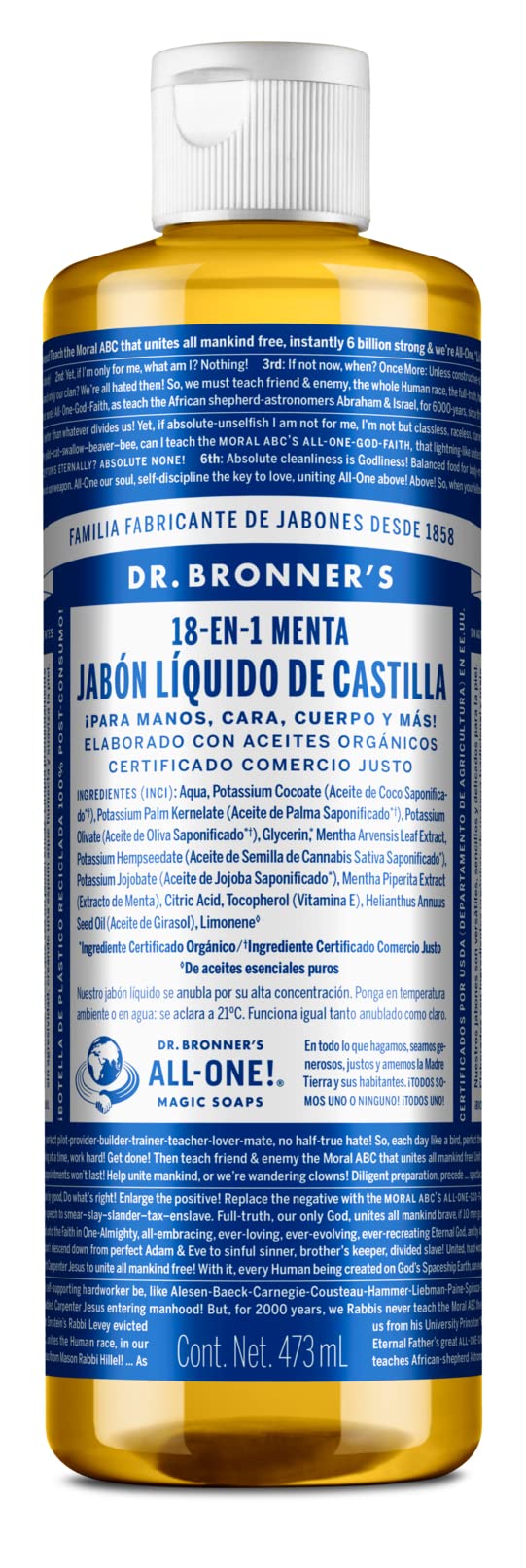 Dr. Bronner's | Jabón de castilla orgánico líquido multiusos, fórmula concentrada, frescor intenso y piel revitalizada, con aceite esencial natural, aroma Menta (473 ml)