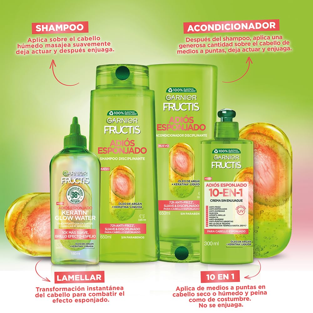 Garnier Fructis Adiós Esponjado Tratamiento Keratin Glow Water Antifrizz, 180ml 10X mas Suave, Brillo Efecto Espejo con Oleo de Argán y Keratina Liquida