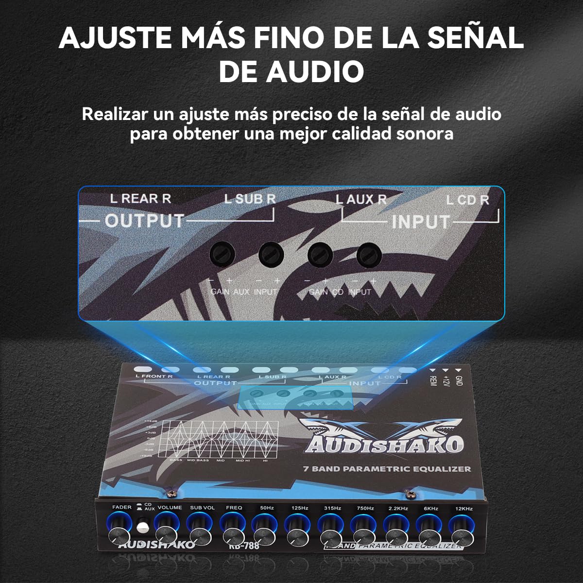 Ecualizador de Automóvil AUDISHAKO Negro con 7 Bandas y 4 Entradas RCA para Coches, Camionetas y Todoterrenos