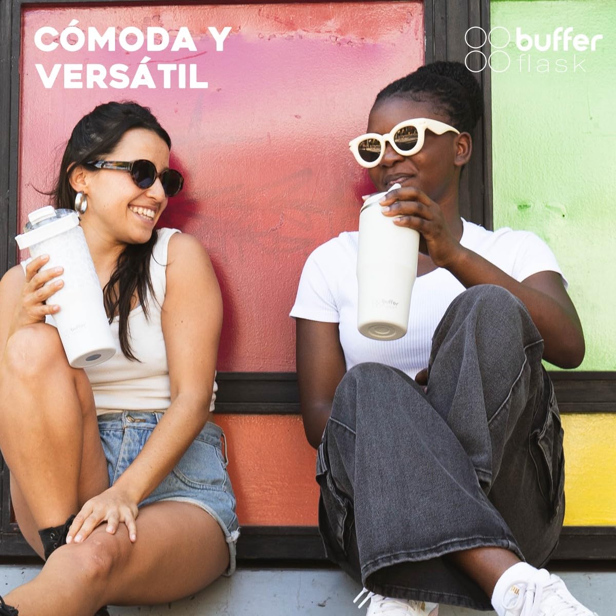 Buffer Flask - Vaso Térmico 600 ml - Termo para Café y Agua de Acero Inoxidable - Tapa Anti Derrame y Fugas - Taza Tumbler Mug para Bebidas Frías y Calientes - Incluye Popote - Color Ivory
