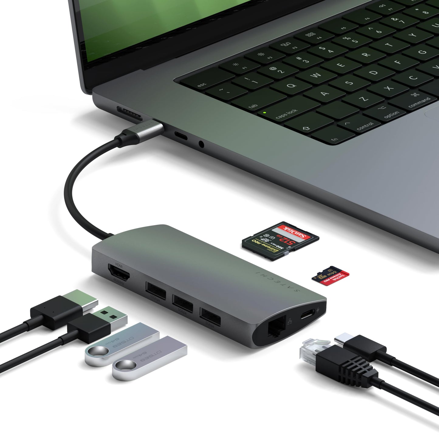 SATECHI Adaptador 8 en 1 USB C V2, HDMI 4K, Carga USB C PD de 115 W, 3 Puertos USB-A, Ethernet, Lector de Tarjetas Micro/SD, para portátil, MacBook Air/Pro M4, iPad, Windows - Gris Espacial