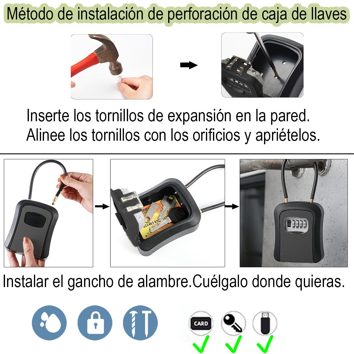 Caja de Seguridad para Llaves, Montaje en Pared, Resistente al Agua y Golpes, con Combinación de 4 Dígitos, Ideal para Uso Exterior e Interior, Protección para Hogar, Garaje y Oficina (Negro)