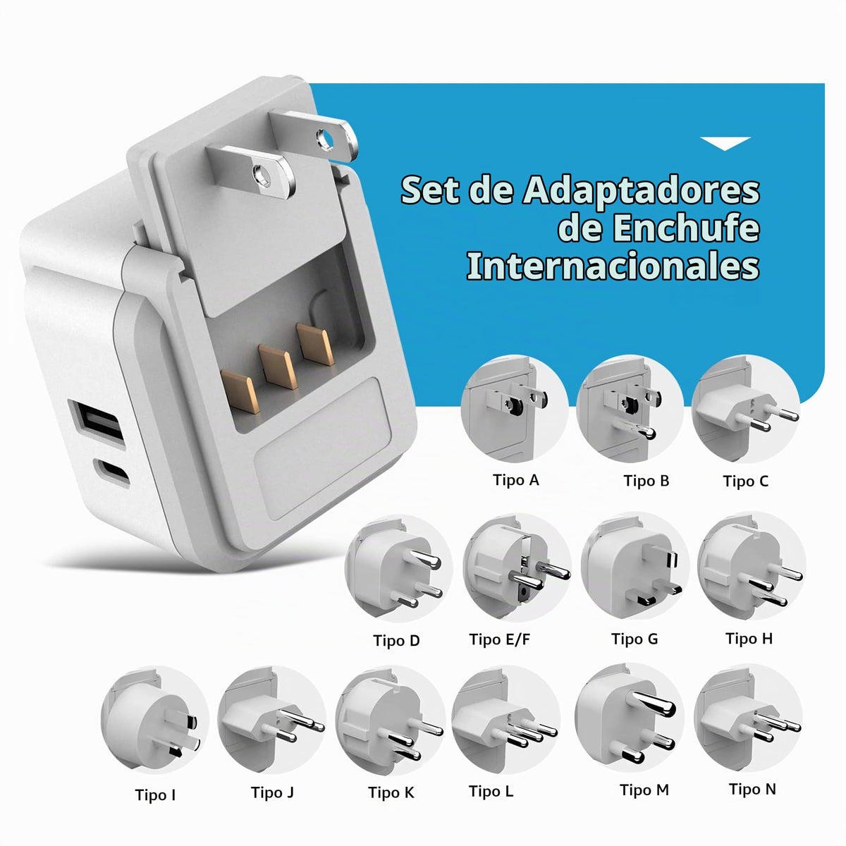Juego de Adaptador de Enchufe Internacional Ceptics Blanco USB Dual Seguro y USB-C Compacto para Viajes por Europa, Asia, África y en Todo el Mundo
