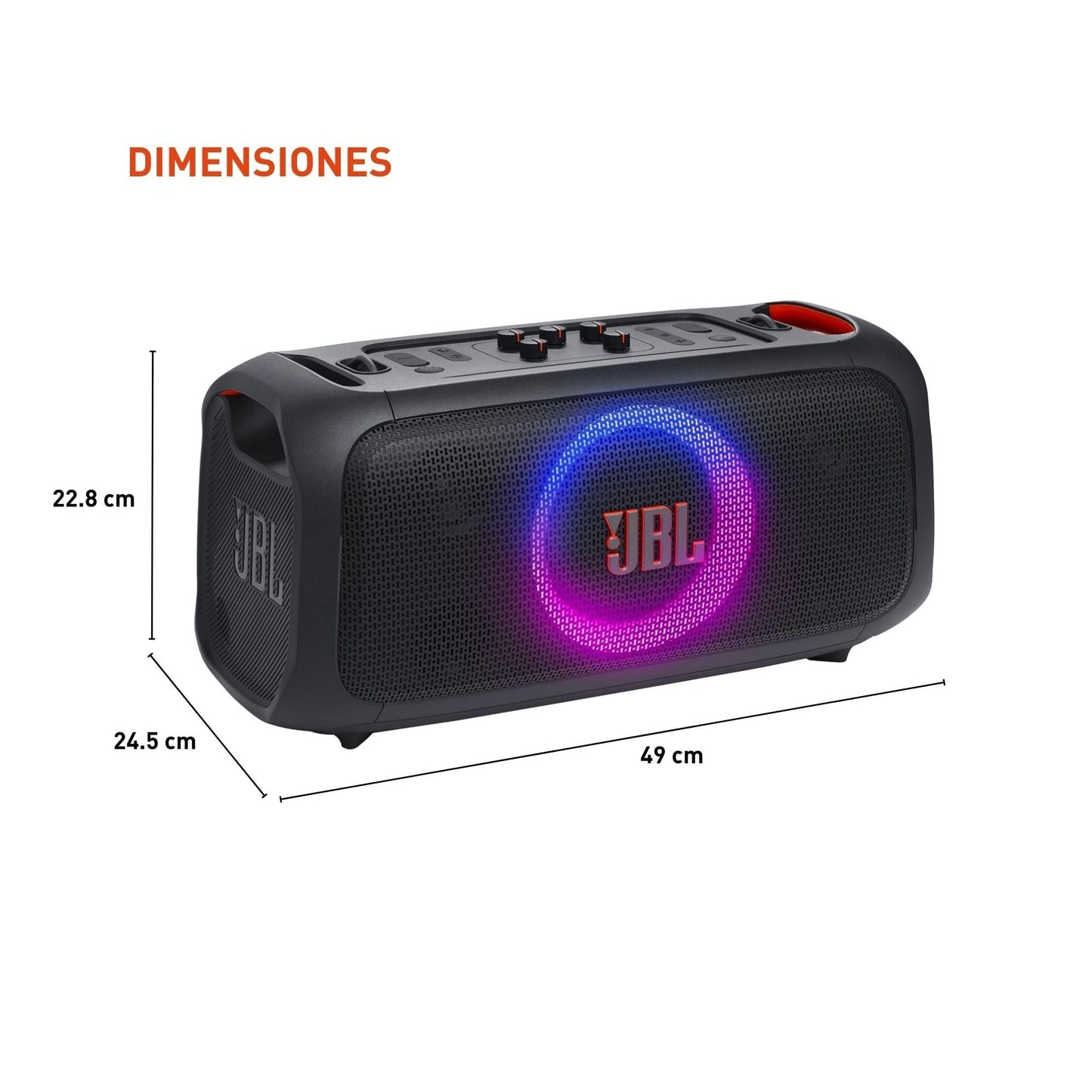 JBL PartyBox On-The-Go Essential Bocina Portátil Efecto Luz Bluetooth, 100W de Potencia, Reproducción 6 Horas, Resistente a Salpicaduras IPX4 - Negro
